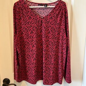 Tahari Pink Long-Sleeve Printed V-Neck Blouse